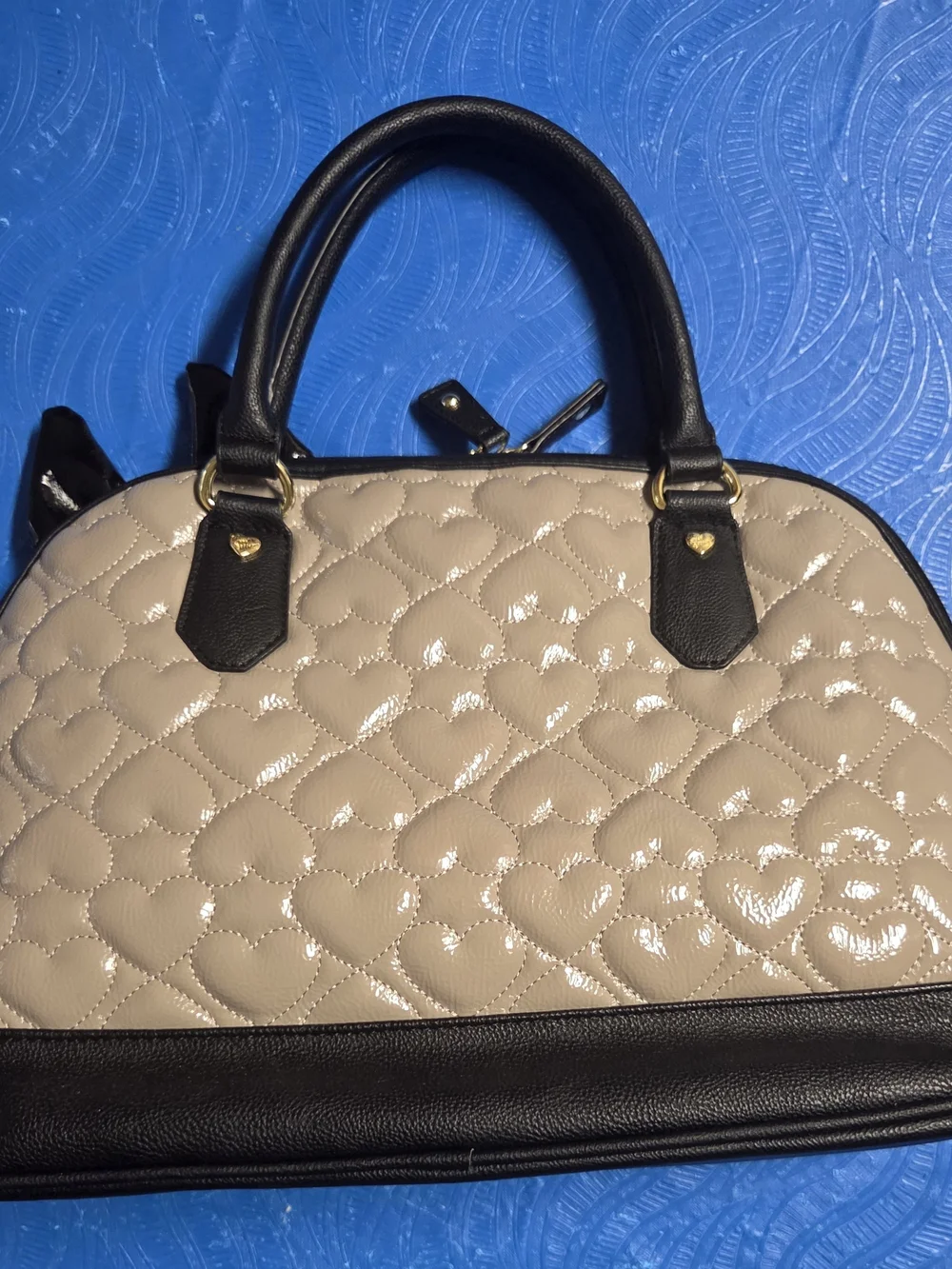 Betsey Johnson Rockstar Quilted Dome Satchel in Beige and Black